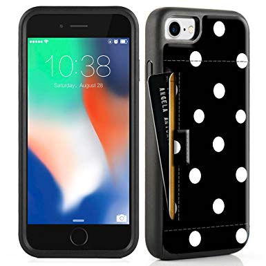 iphone 8 Wallet Case, iphone 7 Wallet Case, ZVE iphone 7/8 Card Holder Case with Polka Dots Pattern Case Slim Shockproof Cover for Apple iPhone 8 (2017)/iPhone 7 (2016)- Black & White