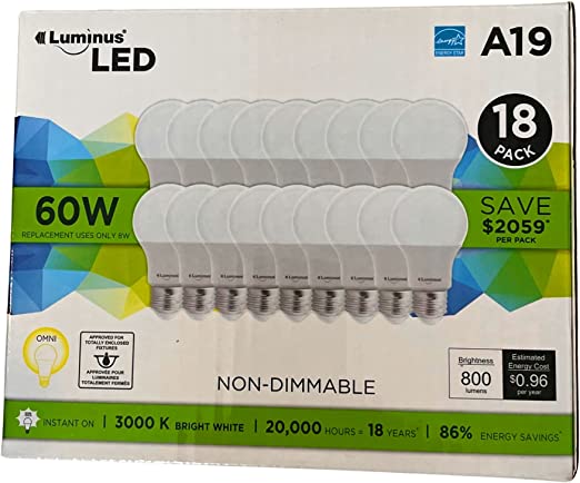 Luminus LED A19 Energy Star 18 Pack Light Bulb, 9.5W (60W Incandescent Equivalent) 120 Volt, 3000K Bright White, 800 Lumens, 300 Degree Omnidirectional, E26 Medium Screw Base, UL-Listed Qualified, Non Dimmable