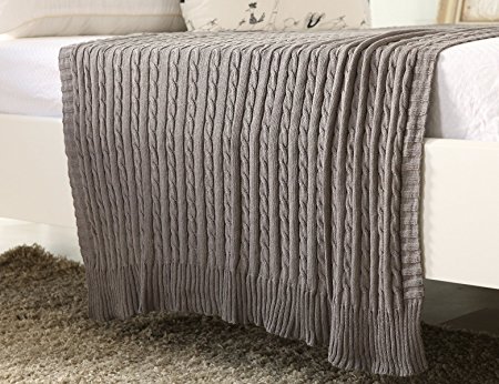 iSunShine® Cotton Knitted Cable Throw Soft Warm Cover Blanket Cable Knitting Pattern, 70*78 Inches, Deep Grey