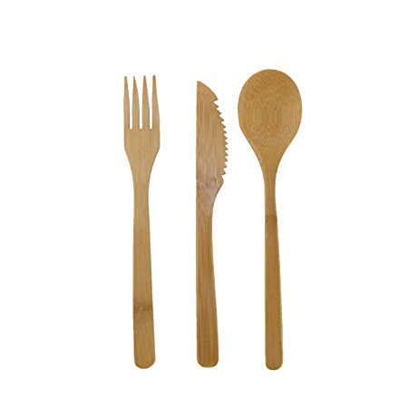 BambooMN Organic Reusable Bamboo Utensil Set Spoon Fork and Knife - 6 Sets