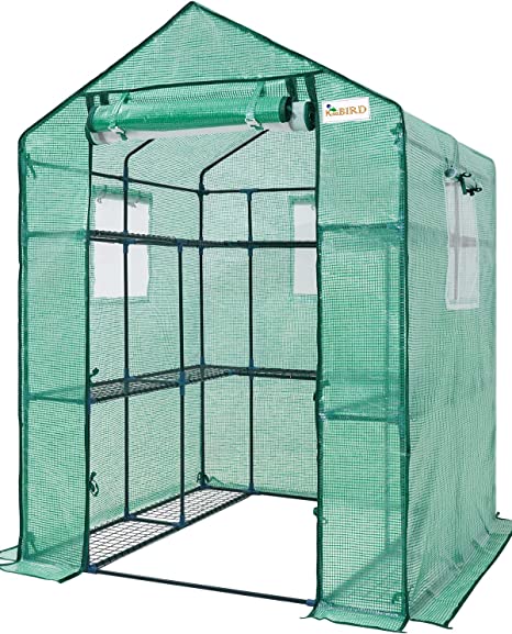 KING BIRD Upgraded Walk-in Greenhouse for Outdoors, Thickened PE Cover & Heavy Duty Powder-Coated Steel, w/ Zippered Mesh Door & Screen Windows, 14 Sturdy Shelves for Garden, 4.7 x 4.7 x 6.4 FT, Green