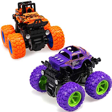 LANKEE Monster Trucks for Kids,Big Tire Trucks,4WD,360 Degree Rotation,Friction Powered Cars,Inertia Car Toys for Boys Girls Push and Go Cars,Purple Orange