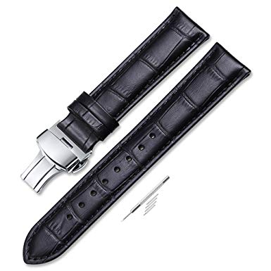 Leather Watch Strap 18mm 19mm 20mm 21mm 22mm 24mm Black Brown Embossed Grain Classic Design Replacement Watch Band Silver Polished Deployment Buckle for Men Women