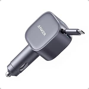 Anker USB-C Car Charger, 75W Max Ultra-Compact Type-C Fast Car Charger with Built-in Retractable Cable, Car Adapter for iPhone 16/15/14 Series, MacBook Pro/Air, iPad, Galaxy, AirPods, and More