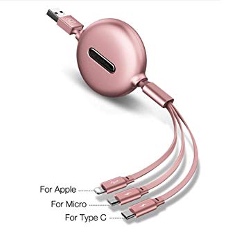 4ft Retractable USB Charging Fast Cable, 3 in 1 Micro USB Type C Multi Charger Cord Compatible for All Phones Samsung, Moto, BlackBerry, Nokia, LG, Phone X 8 7 6s 6 Plus 5s 5 (Rose Gold)