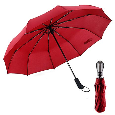 Umbrella - Compact Travel Umbrella Windproof Automatic 10 Ribs Unbreakable Large Canopy Foldable Business Rain Umbrella for Men Women (Red)