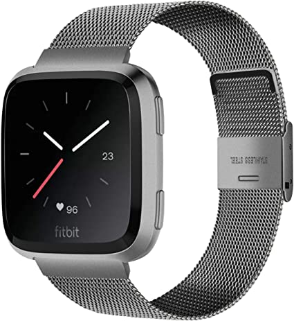 Stainless Steel Watch Band Compatible with Fitbit Versa/Versa Lite Edition/Versa 2,Double Insurance Buckle,Super Soft,Adjustable Size Antirust Wrist Strap,Fit for Men & Women (Grey)