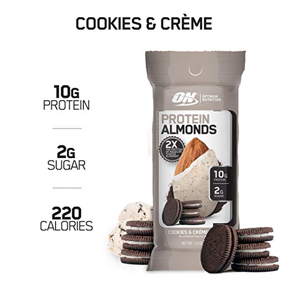 Optimum Nutrition Protein Almonds Snacks, On The Go Nutrition, Flavor: Cookies & Cream, Low Sugar, Made with Whey Protein Isolate, 1.5 OZ (12 Count)