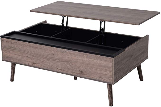 HOMCOM Lift-top Coffee Table with Storage Compartment, Metal and Grey Wood