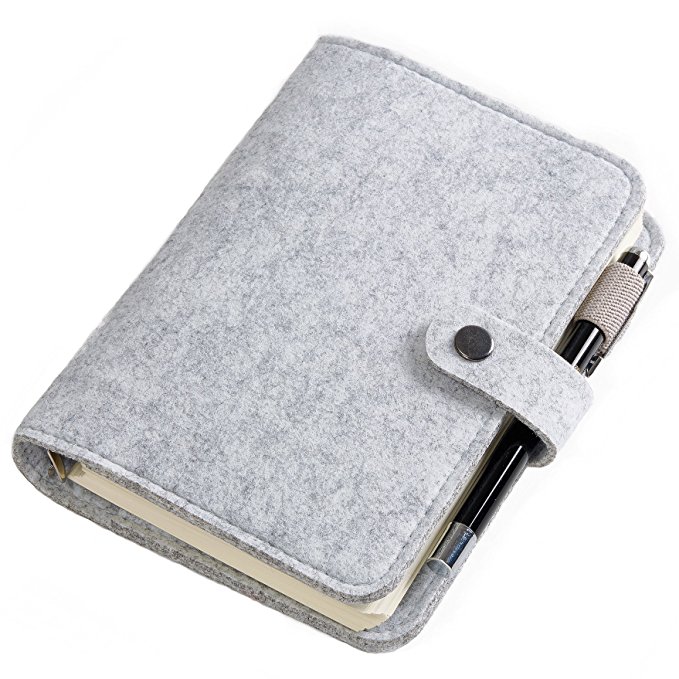 Poway Wool Felt Writing Journal, A5 Lined Gray, Spiral Bound 6 Ring Pocket Traveler Notebook Diary with Refillable Pages, 80 Sheets (160 Pages) 100gsm Premium Paper