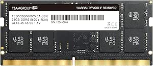 TEAMGROUP Elite SODIMM DDR5 32GB 5600Mhz (PC5-44800) CL46 Non-ECC Unbuffered 1.1V 262 Pin Laptop Memory Module Ram - TED532G5600C46A-S01