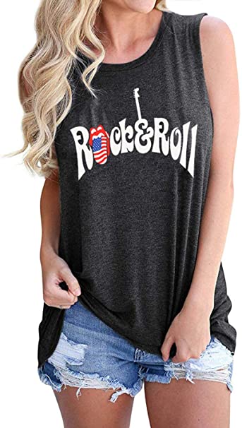 EGELEXY Rock Roll Guitars Music Tank Top 4th July USA Flag Lips Shirt Women's Sleeveless Casual Letter Printed Graphic Tee