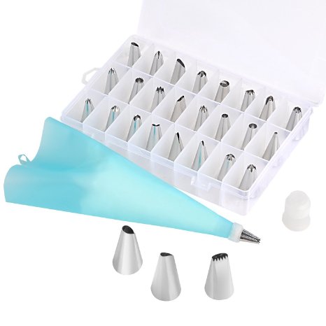 27-Piece Cake Decorating Tips Kits, OliveTech Professional Stainless Steel Icing Tip Set Tools Includes Reusable 10in Silicone Pastry Bag with 2 Reusable Coupler for Cakes Cupcakes Cookies Pastry