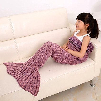 Mermaid Tail Blanket for Kids ,Hand Crochet Snuggle Mermaid,All Seasons Seatail Sleeping Bag Blanket by Jr.White (Kids-Pink)