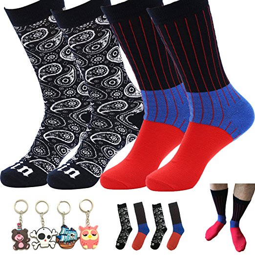 2 Pack Men's Crew Socks Mid-calf Casual Cotton Argyle Funny Color Novelty Dress Sock
