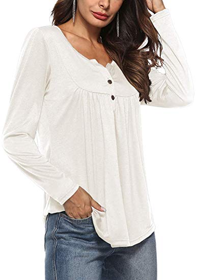 Finyosee Women's Henley V Neck, Three Button Up, Pleated Fit Casual Tunic Tops, 3/4 Sleeve Premium Blouses Shirt