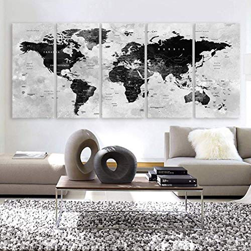 Original by BoxColors XLARGE 30"x 70" 5 Panels 30"x14" Ea Art Canvas Print Watercolor Map World Countries Cities Push Pin Travel Wall color Black White Gray decor Home interior (framed 1.5" depth)