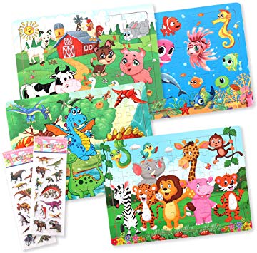 Jigsaw Puzzles for Kids Age 3-8, Wooden Animal Puzzles Preschool Educational Learning Toy for Toddler, 60 Pieces 12"x 9" 4 Themes Puzzle with Sticker & Storage Bag-Dinosaur, Farm, Sea & Jungle Animal