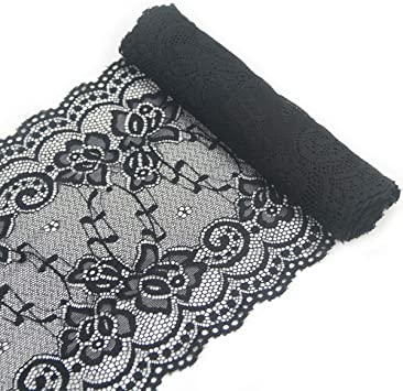 7" Wide Black Lace Fabric Sewing Lace Ribbon Trim Elastic Stretchy Lace for Crafting 5 Yard