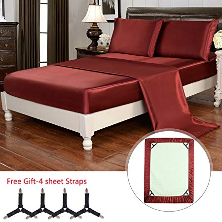 HollyHOME Silky Soft Luxury 4 Piece Deep Pocket California King Satin Sheet Set, Free Fitted Sheet Straps Included, Red