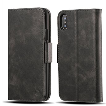 iPhone X Leather Wallet Case Flip Folio Case Cover With 3 Card Slots Cash Holder Retro Leather Double Magnetic Closure (Black, iPhone X)