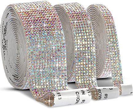 3 Rolls Self-Adhesive Crystal Ribbon Rhinestone Diamond Ribbon Wrap Roll DIY Bling Sticker with 2 mm Rhinestones for Arts Crafts, DIY Event Car Phone Decoration (Crystal AB,6.6 Yards)