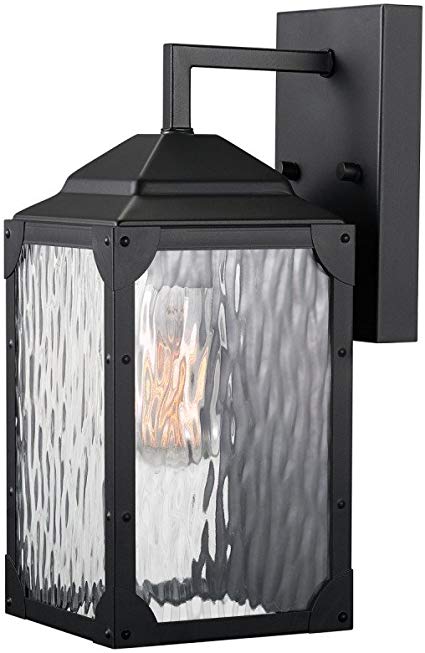 Globe Electric 44192 Miller 13" 1-Light Outdoor Wall Sconce, Black Finish, Clear Watered Glass Shade