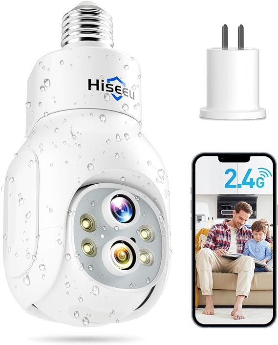 Hiseeu Light Bulb Security Camera Wireless WiFi 2.4GHz,10X Zoom PTZ Light Socket Security Camera Waterproof, 2-Way-Audio, Auto Tracking & Alarm, 3MP Color Night Vision, SD & Cloud Storage (Dual Lens)