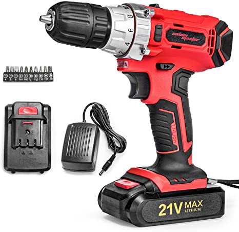 SALEM MASTER Cordless Drill Driver, 21V MAX Power Drill Set with 3/8-Inch Metal Chuck, 2-Variable Speed, 25Nm, 1.5Ah 5C Battery, 10pcs Accessories, Compact Drill for Home Improvement & DIY Project