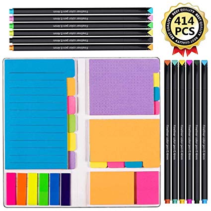 Large and Small Sticky Notes Set with Fineliner Color Pen Set- 60 Ruled Lined Notes (4x6),48 Dotted Notes (3x4),48 Blank Notes(4x3),48 Orange（2x2） and Pink（1.5x2）,150 Inde x Tabs - 414 pcs in Total