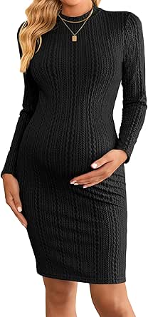 Ekouaer Maternity Dress Rib Knit Mock Turtleneck Long Sleeve Stretchy Bodycon Pregnancy Dresses