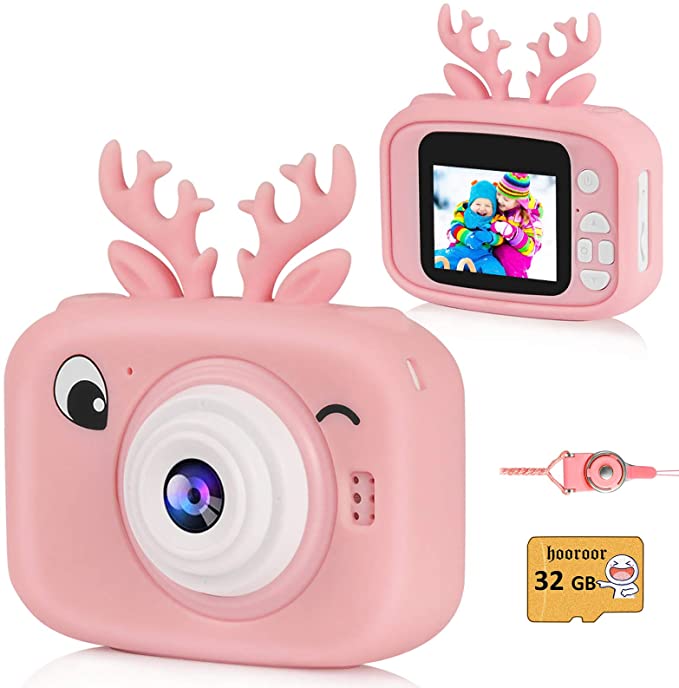 hooroor Kids Camera, Girls Toy Digital Camera 2 inch IPS Screen 1080P Video Recorder for Age 3-11 Children Shockproof Silicone Deer Cover Camera With 32G Card Christams Holiday Birthday Present(Pink)