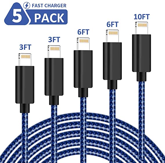 iPhone Charger, MFi Certified Lightning Cable 5Pack Durable Fast Charger KRISLOG Nylon Braided USB Fast Charging&Syncs Cord Compatible iPhone 11 Pro Xs MAX XR 8 8 Plus 7 7 Plus 6s 6s Plus SE