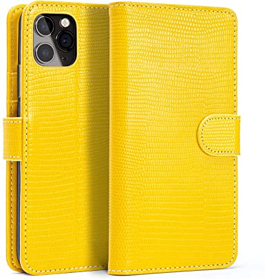 iPhone 11 Wallet Case Trop Saint Leather Cover Lizard Pattern Shockproof Handmade Protective Skin with Credit Card Slots [Support Wireless Charging] - Yellow