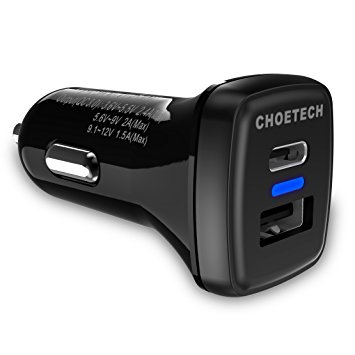 Qualcomm Quick Charge 3.0 & USB C Ports in Dual USB Car Charger, CHOETECH 33W USB C Charger with Latest Charging Tech for LG G5, HTC 10, Galaxy S7 Edge, S6 Edge Plus, Nexus 6P, Nexus 5X and More