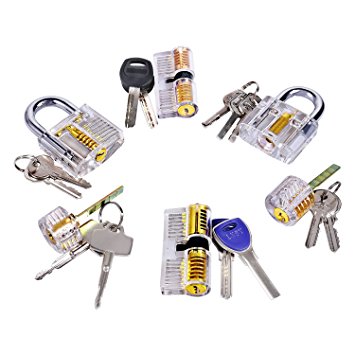 6 Pcs Practice Lock Set, Uolor Transparent Visible Cutaway Crystal Pin Tumbler Keyed Padlock, Lock Pick Training for Locksmith Beginner - Professional Locksmith Tools