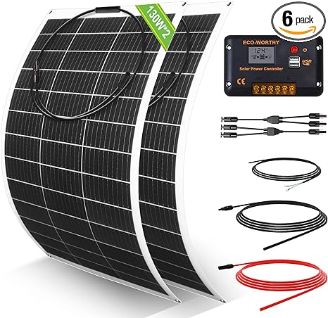 ECO-WORTHY 260Watt 12Volt Flexible Solar Panel Kit for Off Grid Home RV, Boat and Uneven Surfaces:2pcs 130W Mono Solar Panel   30A 12V Charger Controller   Solar Cable   Tray Cable   Y Branch