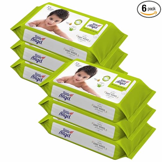 Little Angel Super Soft Cleansing Baby Wipes, 432 Count, Enriched with Aloe vera & Vitamin E, pH Balanced, Dermatologically Tested & Alcohol-free, Pack of 6, 72 count/pack