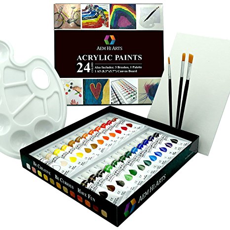 Acrylic Paint Set - 24 Color Art Kit Comes Complete With Paint Tubes, Brushes, Canvas, and Palette - Acrylics are for Beginners, Students and Professionals - Great Mothers Day Gift