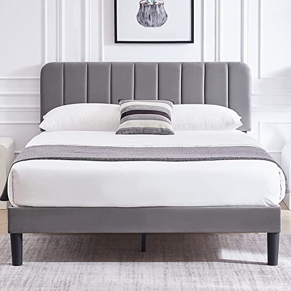 VECELO Queen Size Bed Frame, Upholstered Platform bedframe with Adjustable Headboard, Mattress Foundation, Strong Wood Slat Support, No Box Spring Needed, Easy Assembly, Dark Grey