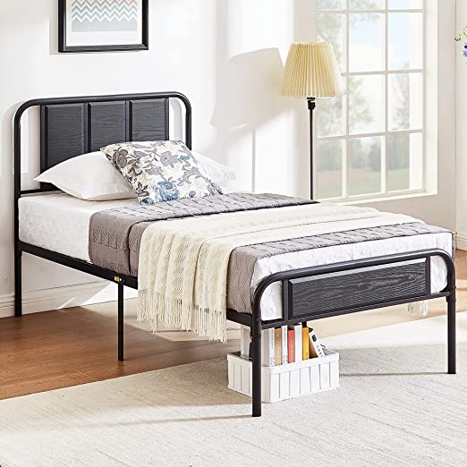 VECELO Twin Bed Frame Metal Platform with Wooden Headboard & Footboard Mattress Foundation Strong Metal Slats Support No Box Spring Replacement/Easy Assemble