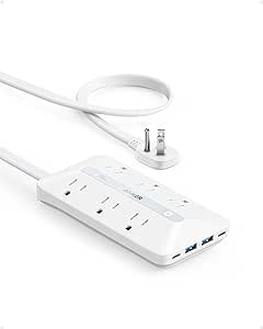 Flat Plug Power Strip(300J), Anker 20W USB C Power Strip, 10-in-1 Ultra Thin Power Strip with 6 AC, 2 USB A/2 USB C,10ft Extension Cord, Desk Charging Station,Home Office College Dorm Room Essentials