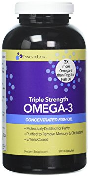 Triple Strength OMEGA-3 (by InnovixLabs). Concentrated Fish Oil, 900 mg Omega-3 per Pill. Enteric Coated, Odorless & Burp-Free, 200 Capsules.