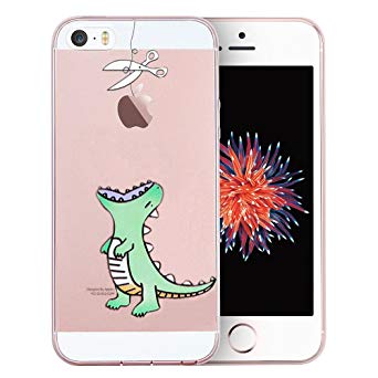 Unov Case Clear with Design Embossed Pattern TPU Soft Bumper Shock Absorption Slim Protective Cover for iPhone SE iPhone 5s iPhone 5(Mint Dinosaur)