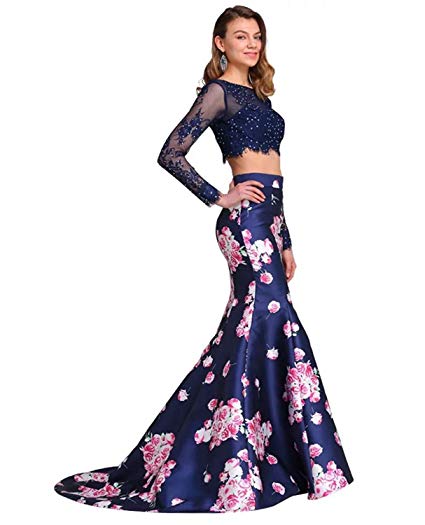 Oyeahbridal Two Piece Prom Dress Floral Print Long Sleeve Mermaid Evening Gowns