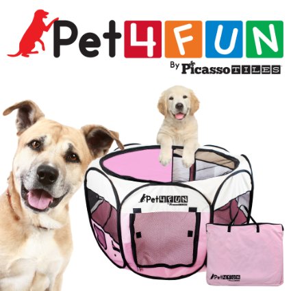 PET4FUN¨ PN945 MEDIUM 45"PORTABLE PET PUPPY DOGGIE CAT PLAYPEN KENNEL - 600D OXFORD CLOTH, TOOL-FREE SETUP, CARRYING BAG INCLUDED, REMOVABLE MESH COVER FOR SHADE/SECURITY, 2 POCKETS FOR STORAGE