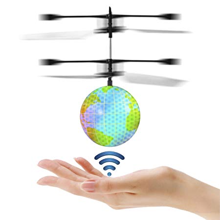 JAMSWALL RC Flying Ball, Infrared Induction Helicopter, Colorful Shinning LED Lights Disco Ball Drone, Rechargeable Light up Sensor RC Toy (Earth Pattern)