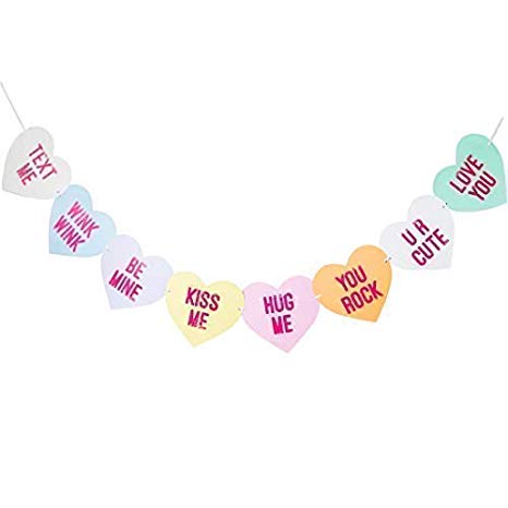 Bobee Conversation Candy Hearts Banner, eight Valentines day heart sayings pre-strung garland decorations, six feet long