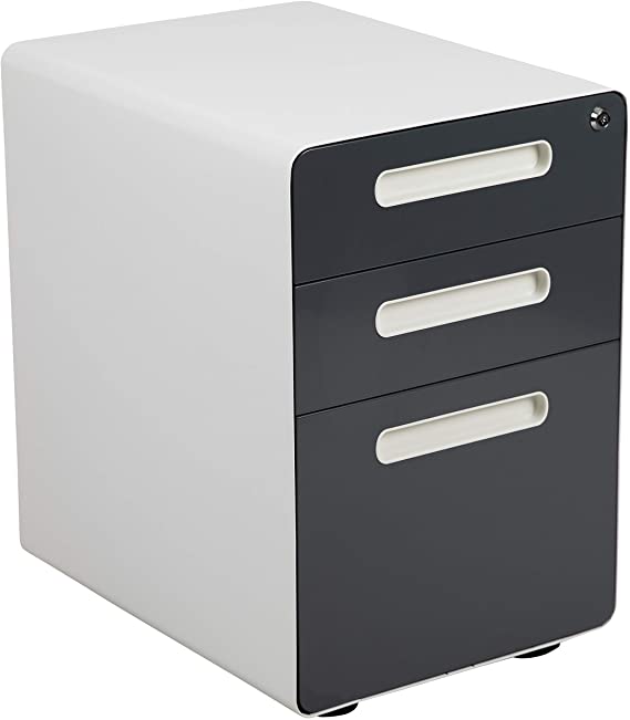 Flash Furniture Ergonomic 3-Drawer Mobile Locking Filing Cabinet with Anti-Tilt Mechanism & Letter/Legal Drawer, White with Charcoal Faceplate