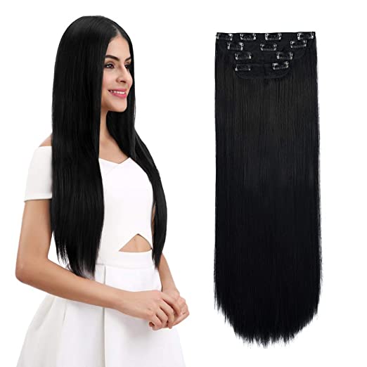 REECHO 26" Straight Super Long 4 PCS Set Thick Clip in on Hair Extensions Natural Black